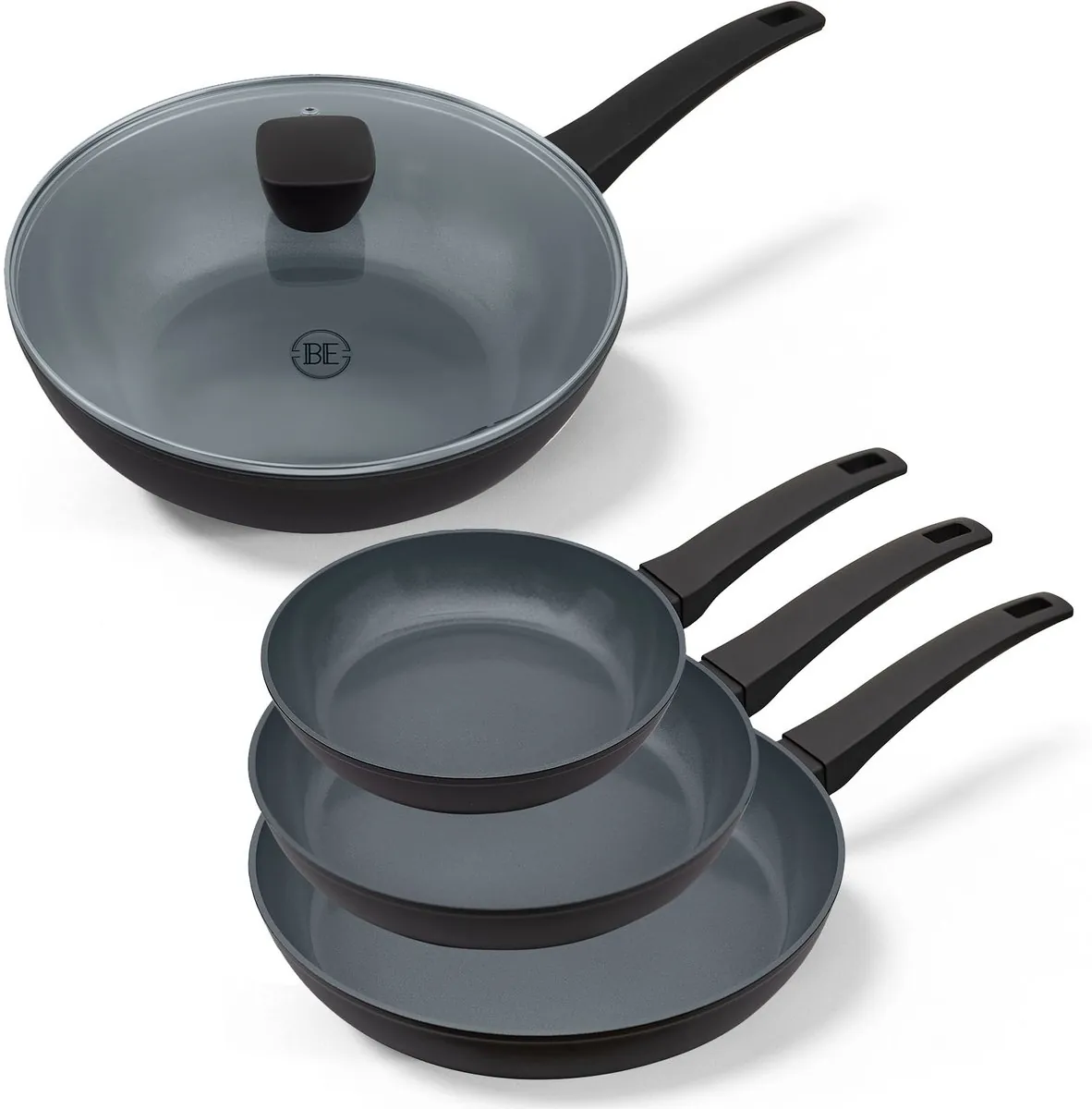 BE Living Delight Series Koekenpannenset Ø 20, 24 &amp; 28 cm + Ø 28 Wokpan met Deksel - Keramische Koekenpannen - Zwart
